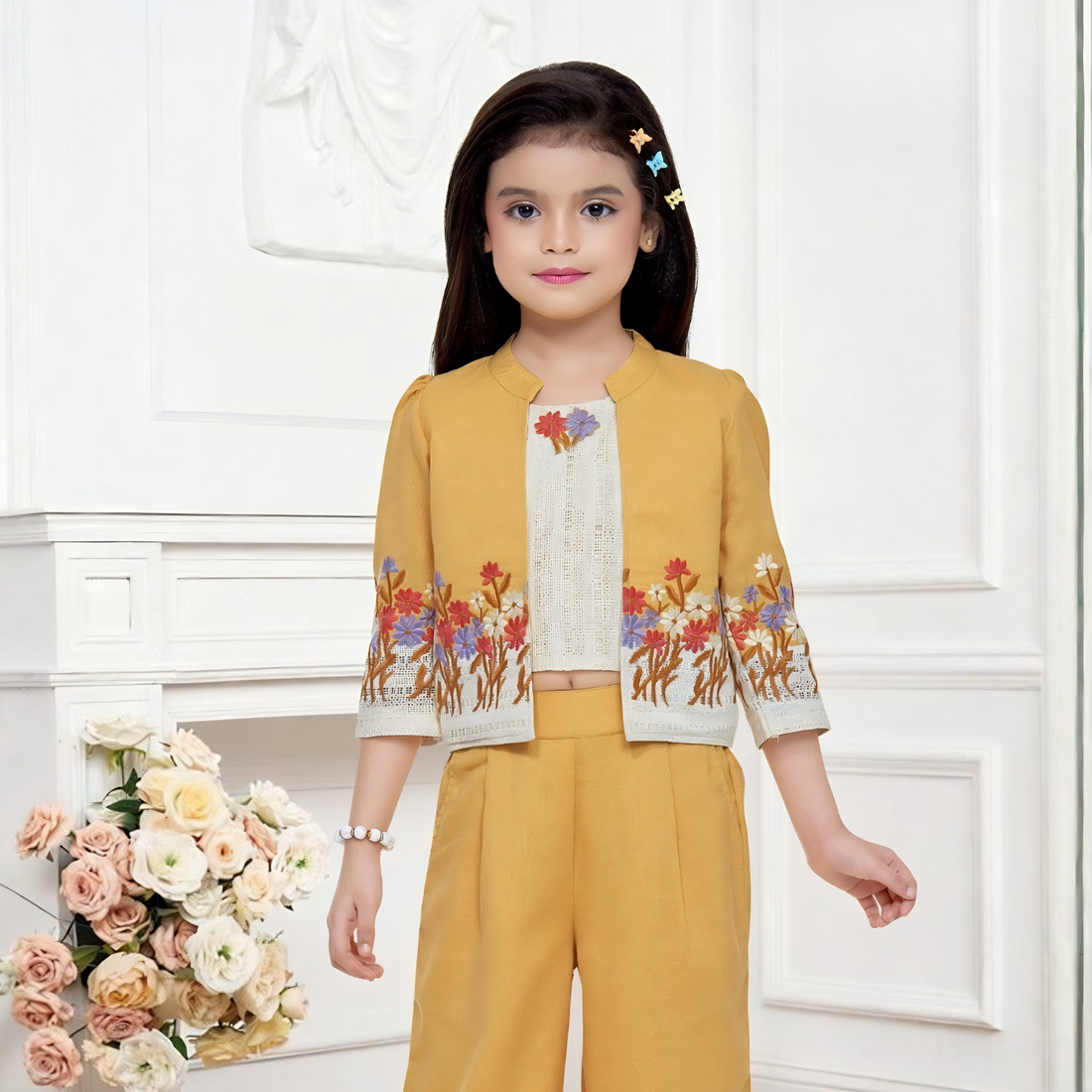 Yellow Stylish Pant Set With Jacket For Girls