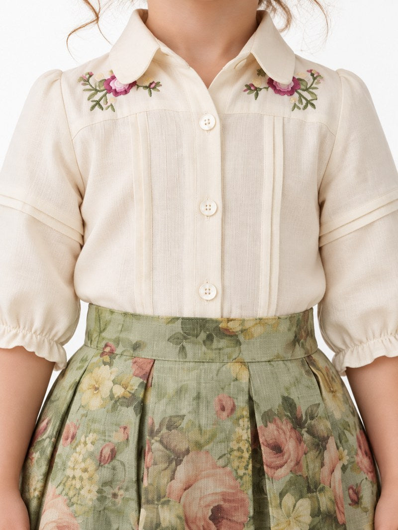 Girls Cream Shirt and Green Floral Pleated Skirt Set