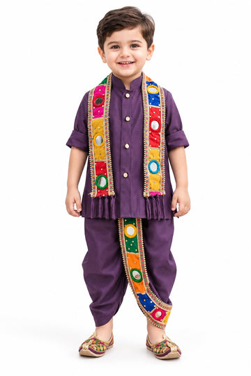 Boys Purple Kurta, Dhoti and Mirror-Work Dupatta Set (Shoes Not Included)