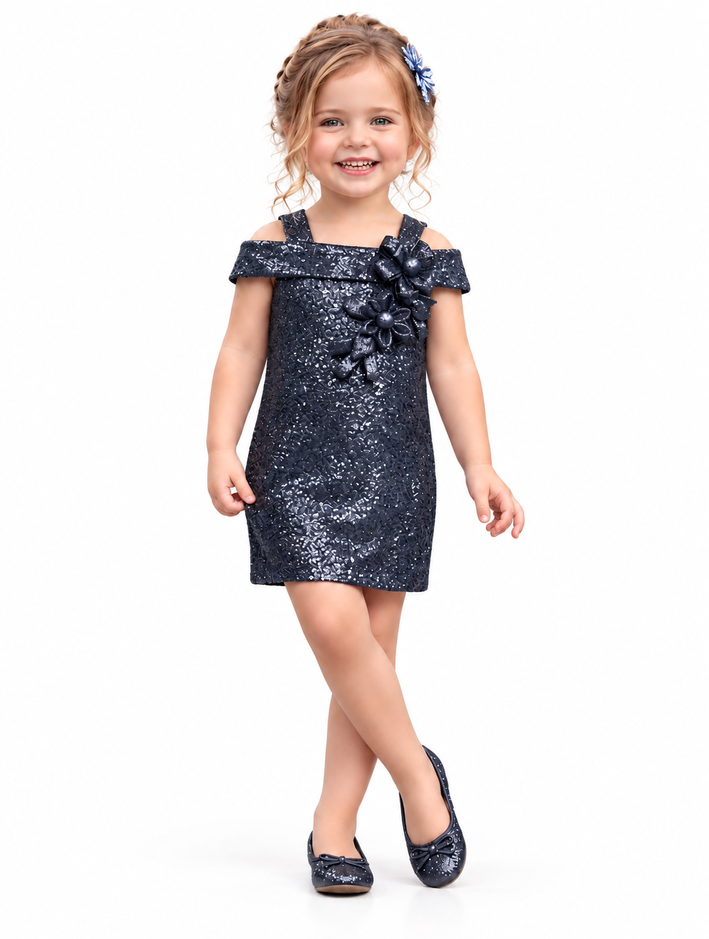 Girls Blue Shimmer Cold-Shoulder Dress with Floral Applique