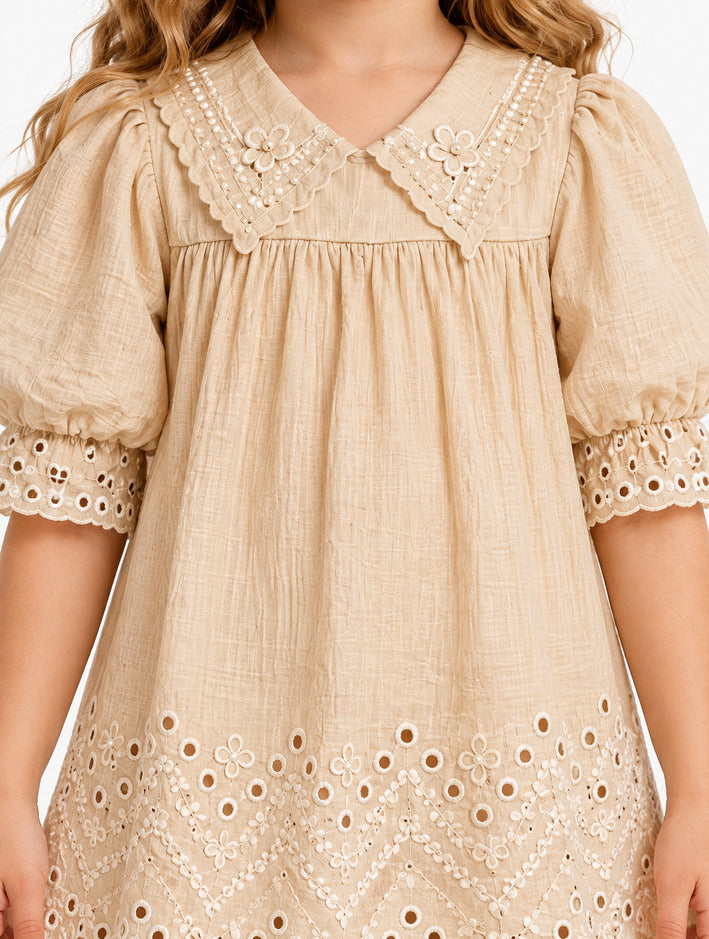 Girls Cream Frock with Cutwork Hem and Puff Sleeves