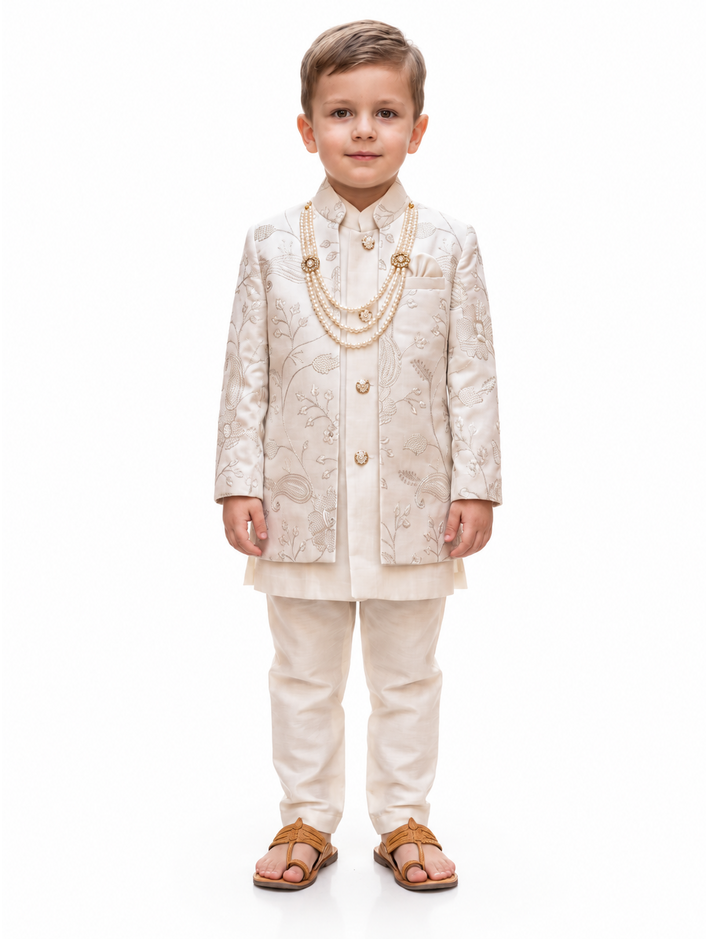 Boys Fawn Embroidered Jacket, Kurta and Trouser Set