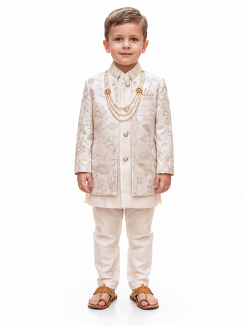 Boys Fawn Embroidered Jacket, Kurta and Trouser Set
