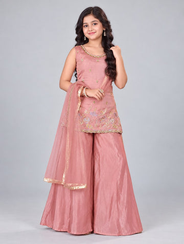 Girls Pink Embroidered Kurta Sharara Set
