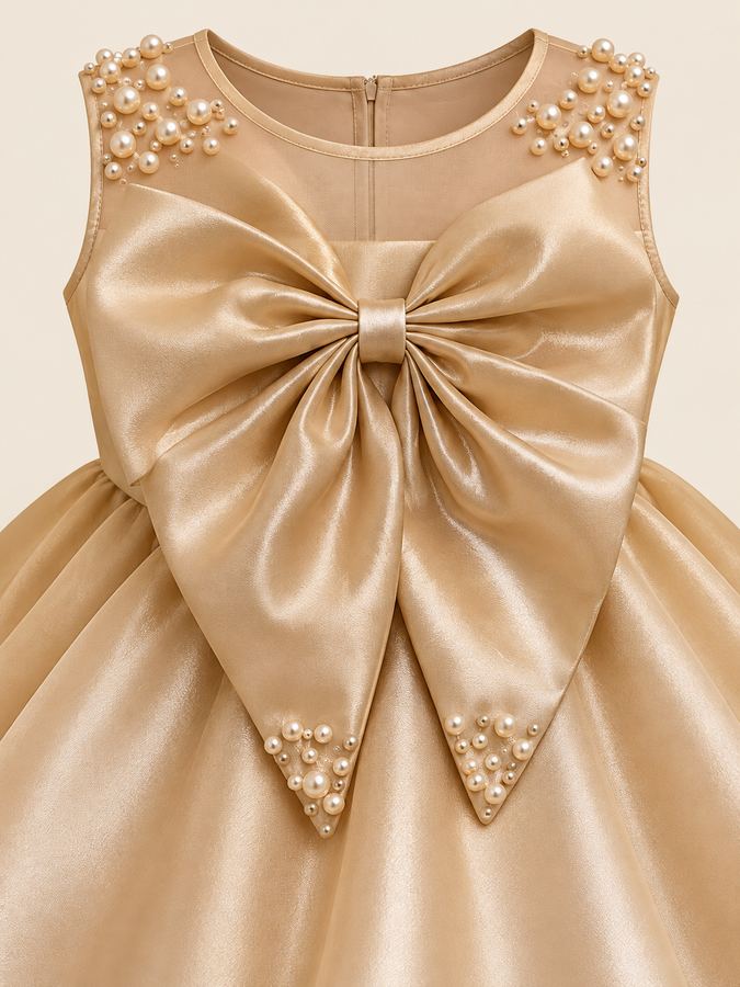 Girls Fawn Satin Party Frock with Big Bow