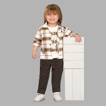 Brown Checked Shirt And Pant Set With White T Shirt For Boys