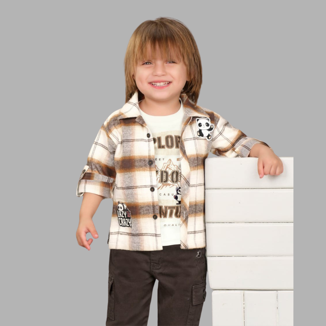 Brown Checked Shirt And Pant Set With White T Shirt For Boys