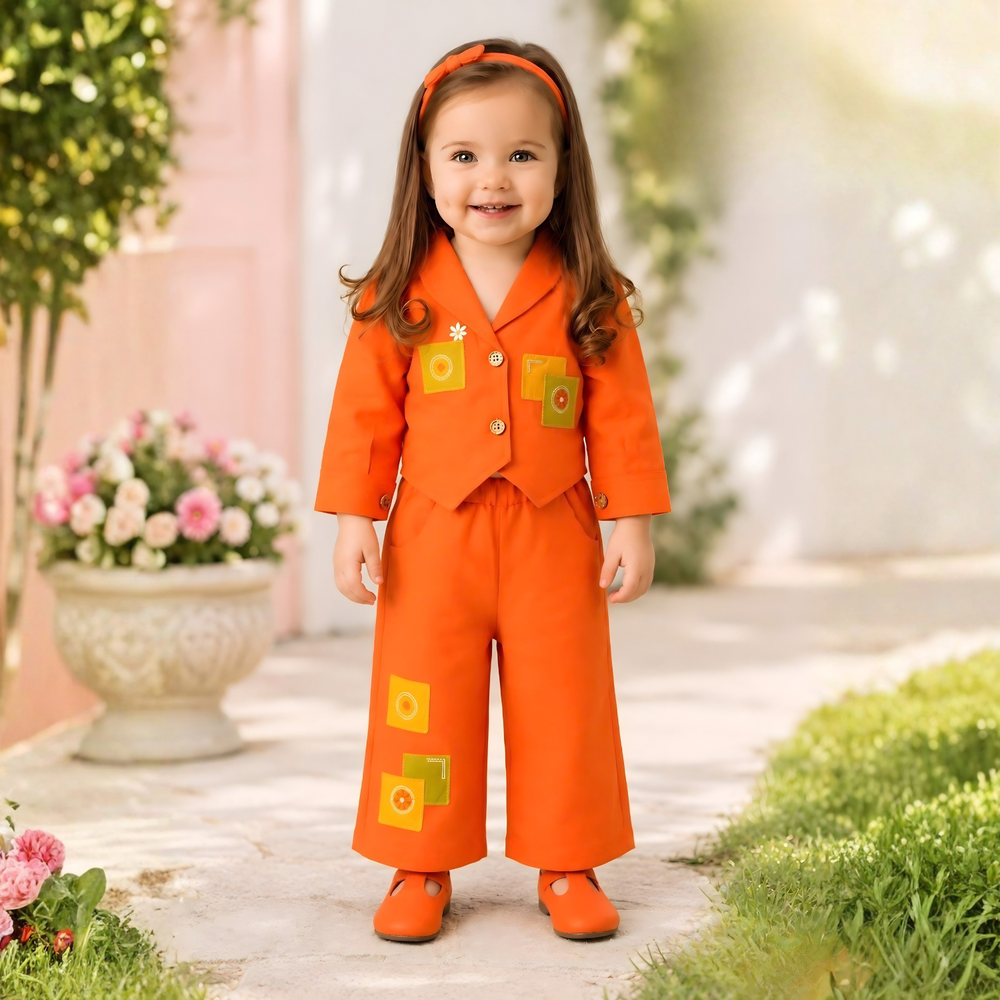 Stylish Orange Top And Printed Pant Set For Girls