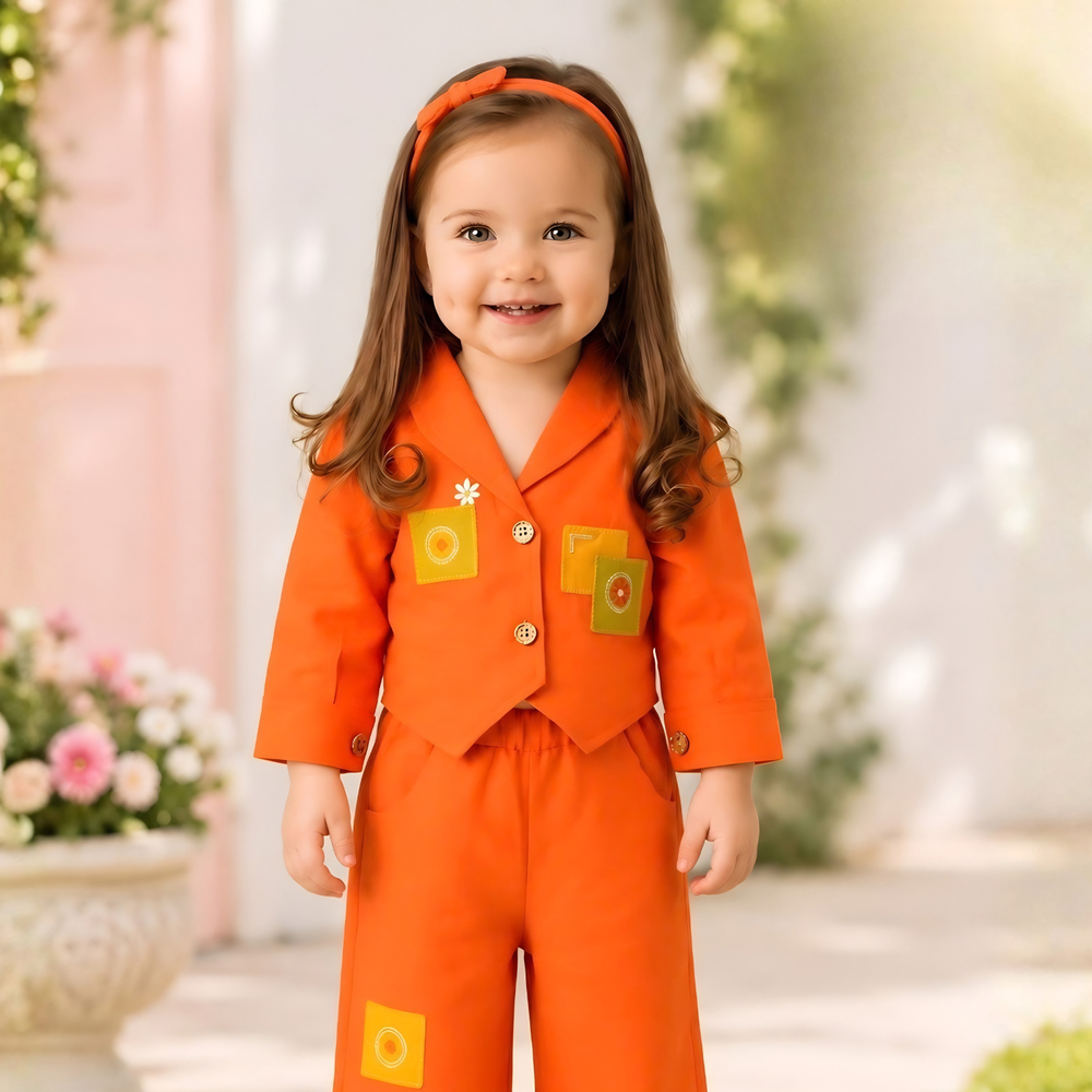 Stylish Orange Top And Printed Pant Set For Girls