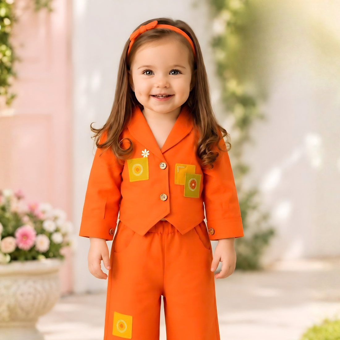 Stylish Orange Top And Printed Pant Set For Girls