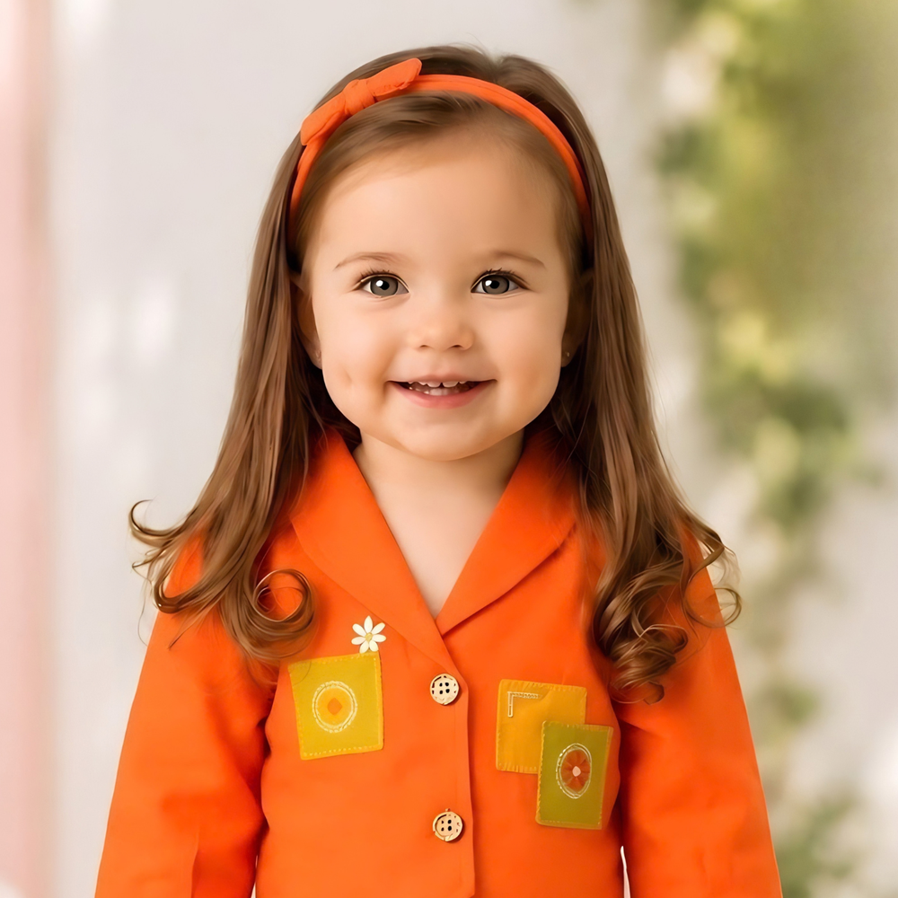 Stylish Orange Top And Printed Pant Set For Girls