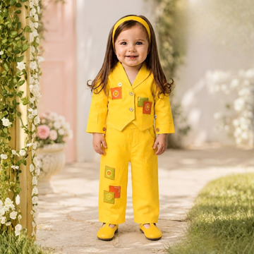Stylish Yellow Top And Printed Pant Set For Girls