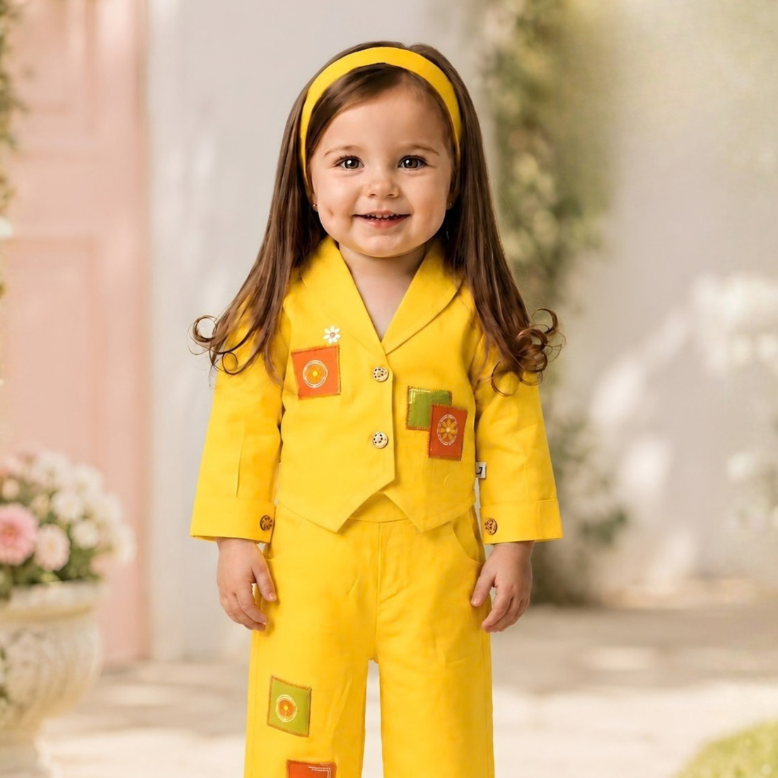 Stylish Yellow Top And Printed Pant Set For Girls