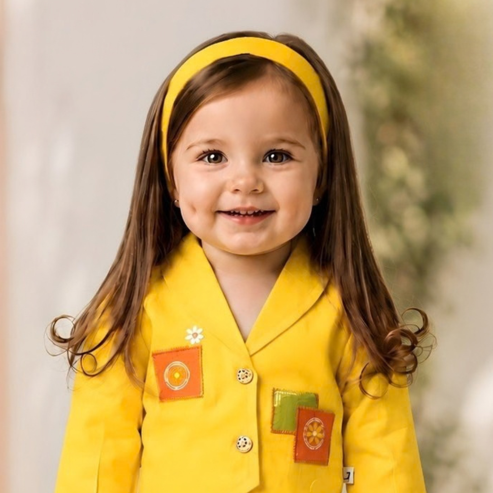 Stylish Yellow Top And Printed Pant Set For Girls