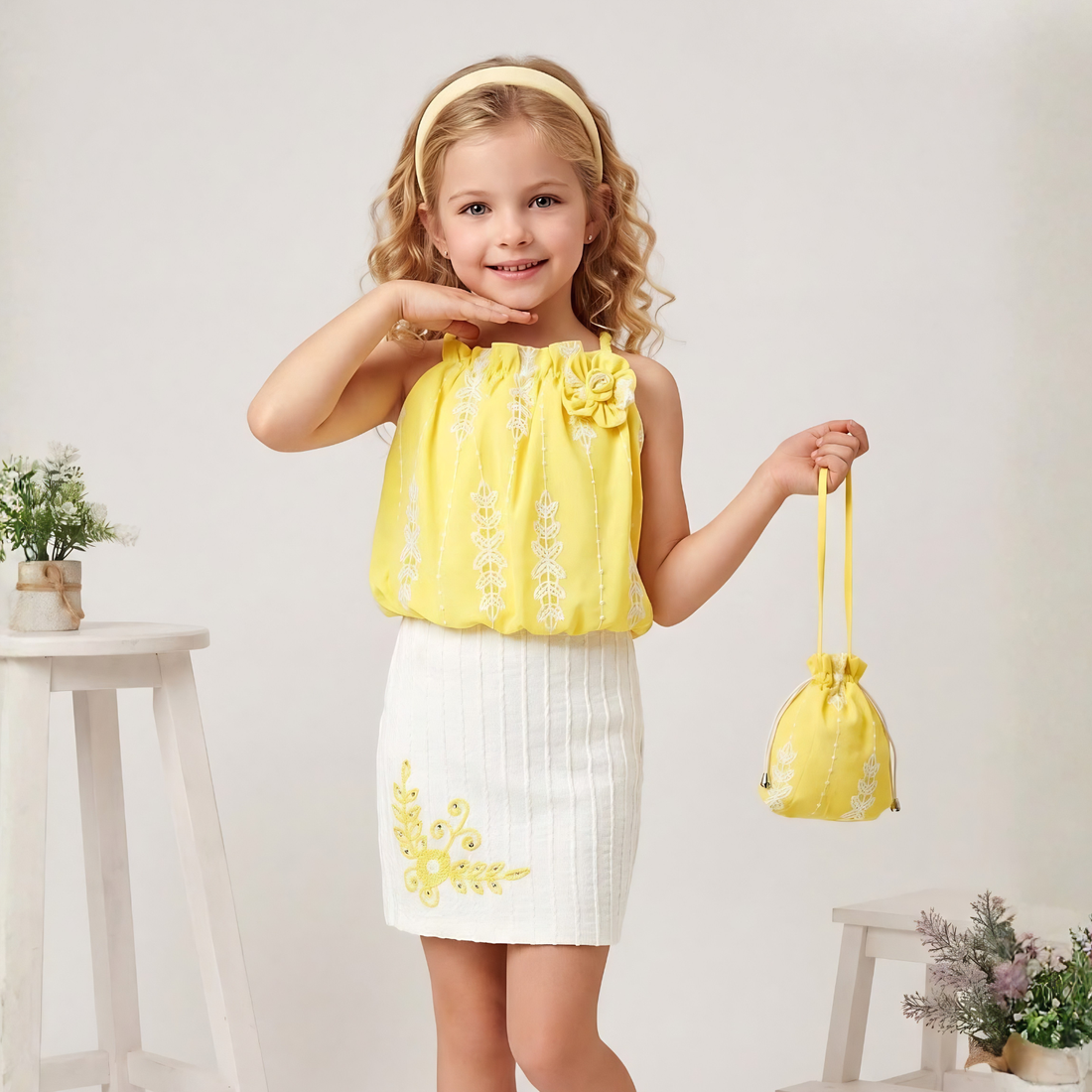 Girls Yellow Regular Fit Skirt Set