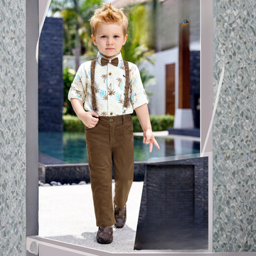 Brown Printed with Suspender Style Pant Shirt Set