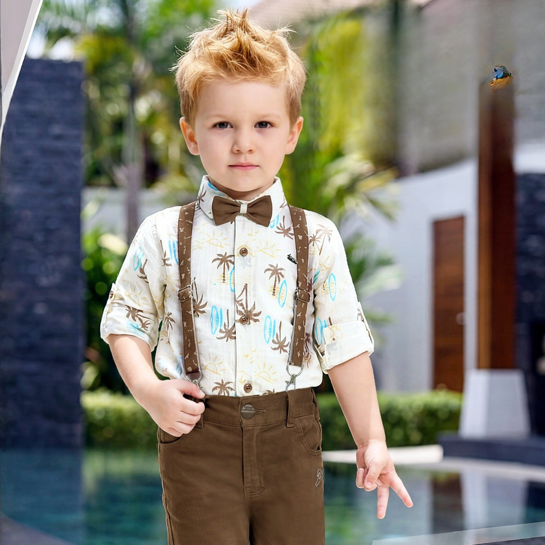 Brown Printed with Suspender Style Pant Shirt Set