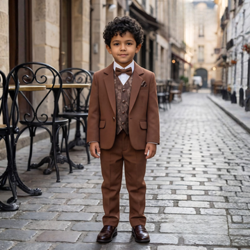 Boys Brown Slim Fit Suit Set, Formal Wedding Outfit
