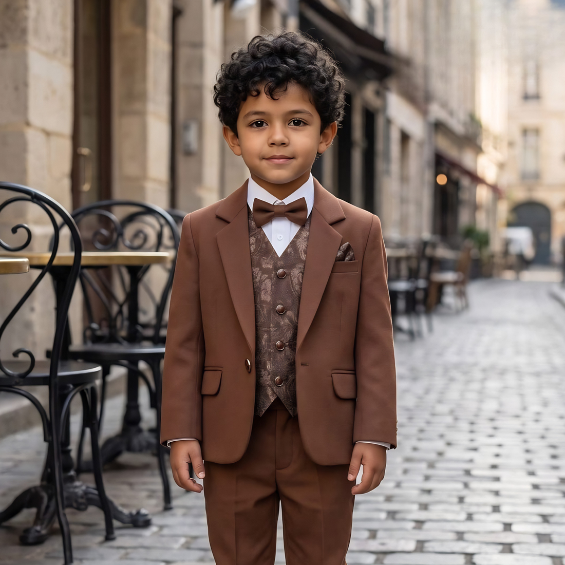 Boys Brown Slim Fit Suit Set, Formal Wedding Outfit
