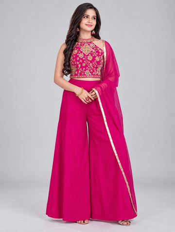 Girls Rani Designer Plazo Suit With Halter Neck Crop Top