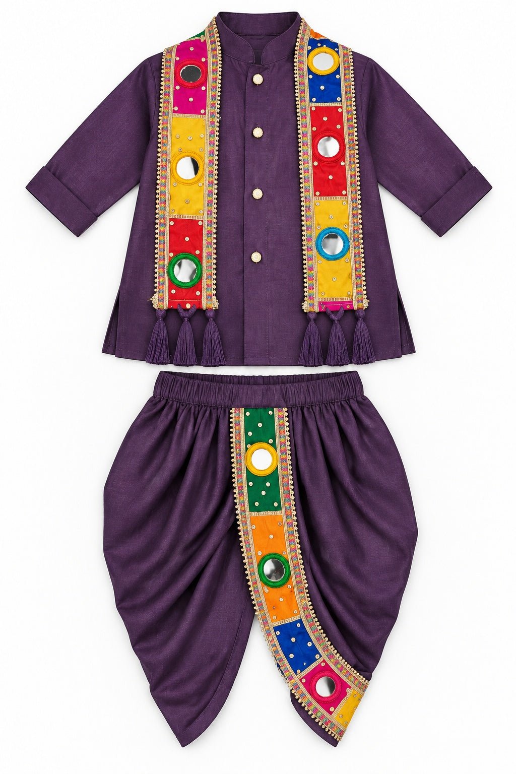 Boys Purple Kurta, Dhoti and Mirror-Work Dupatta Set (Shoes Not Included)