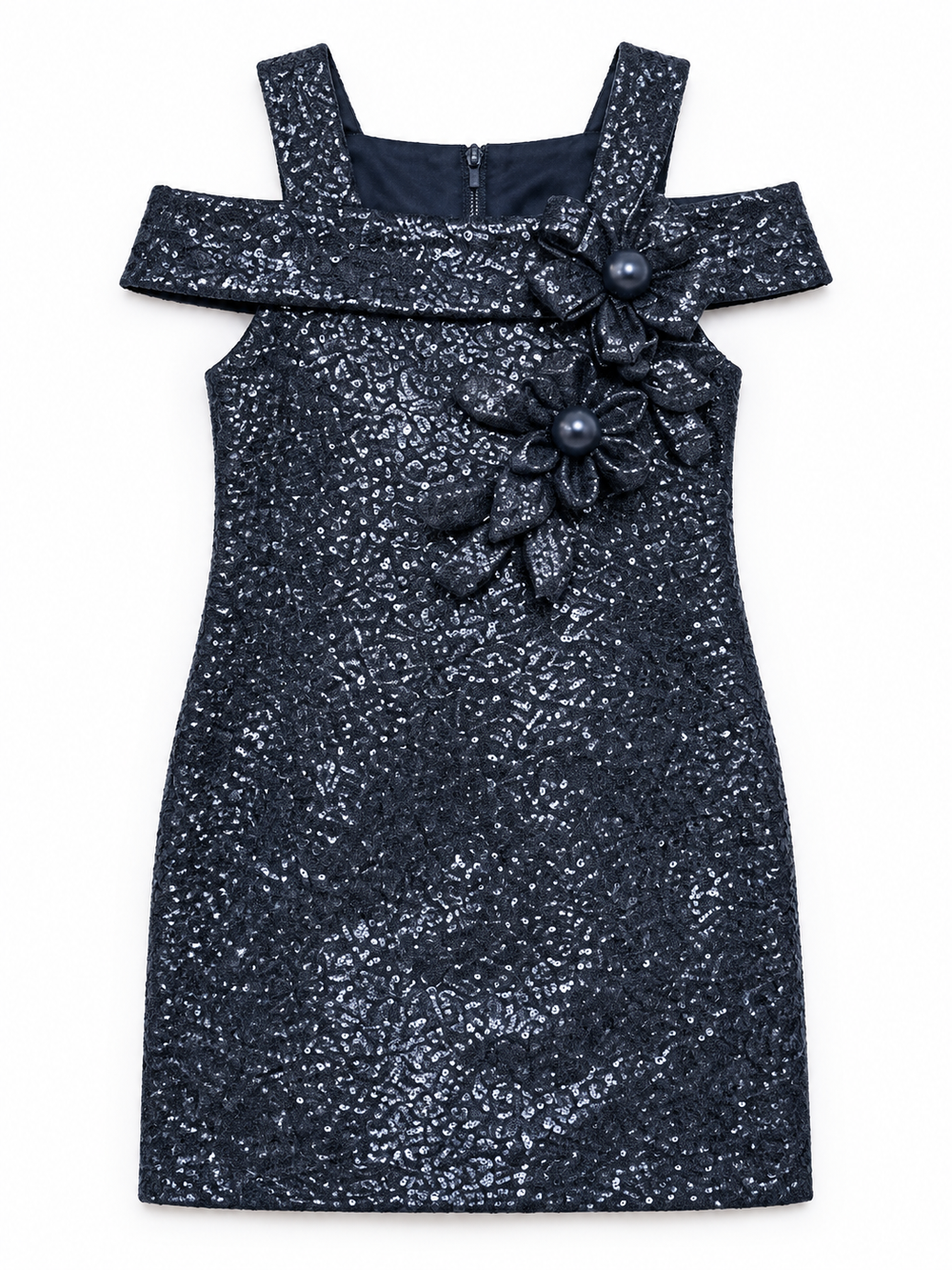 Girls Blue Shimmer Cold-Shoulder Dress with Floral Applique