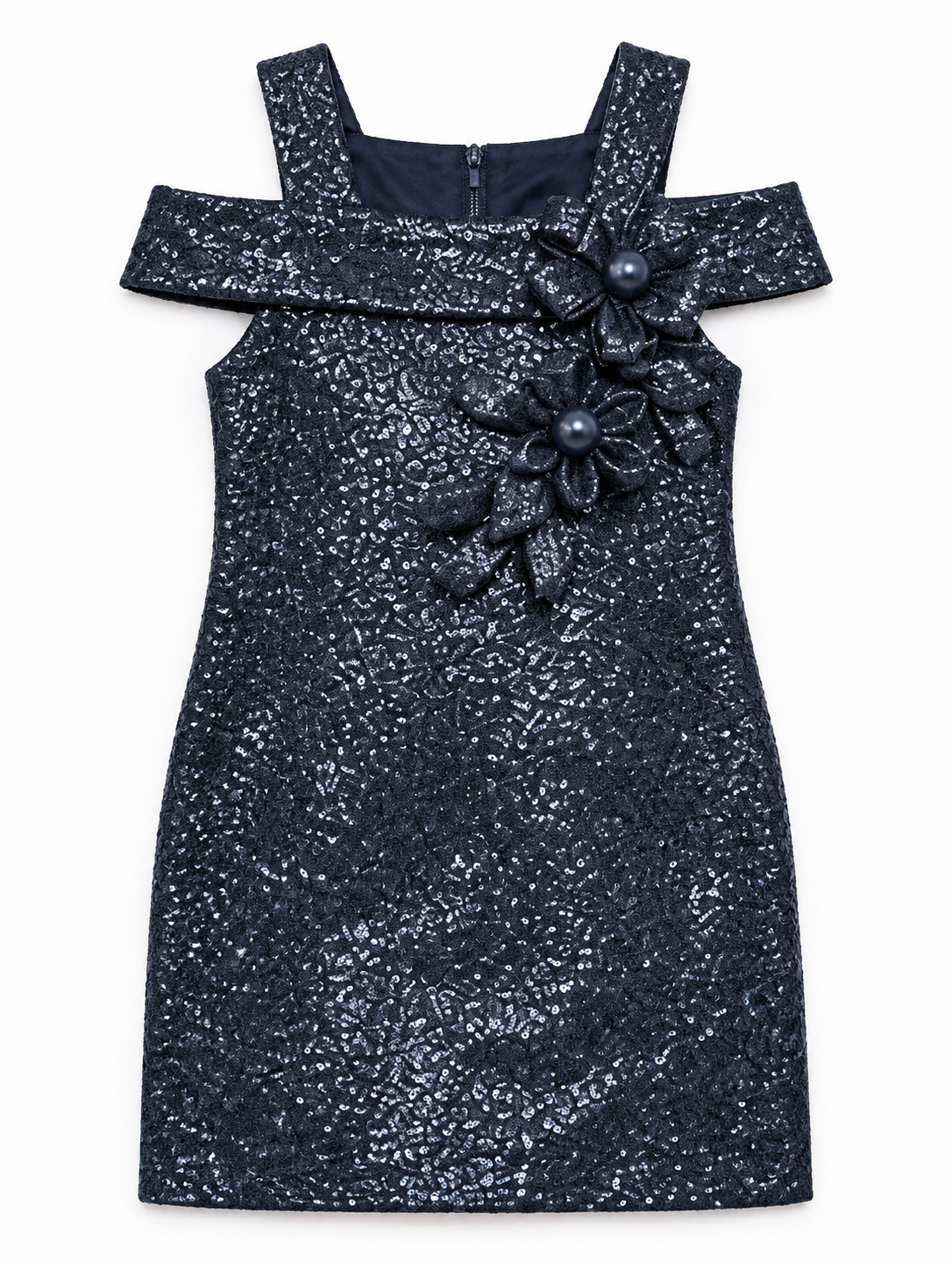 Girls Blue Shimmer Cold-Shoulder Dress with Floral Applique