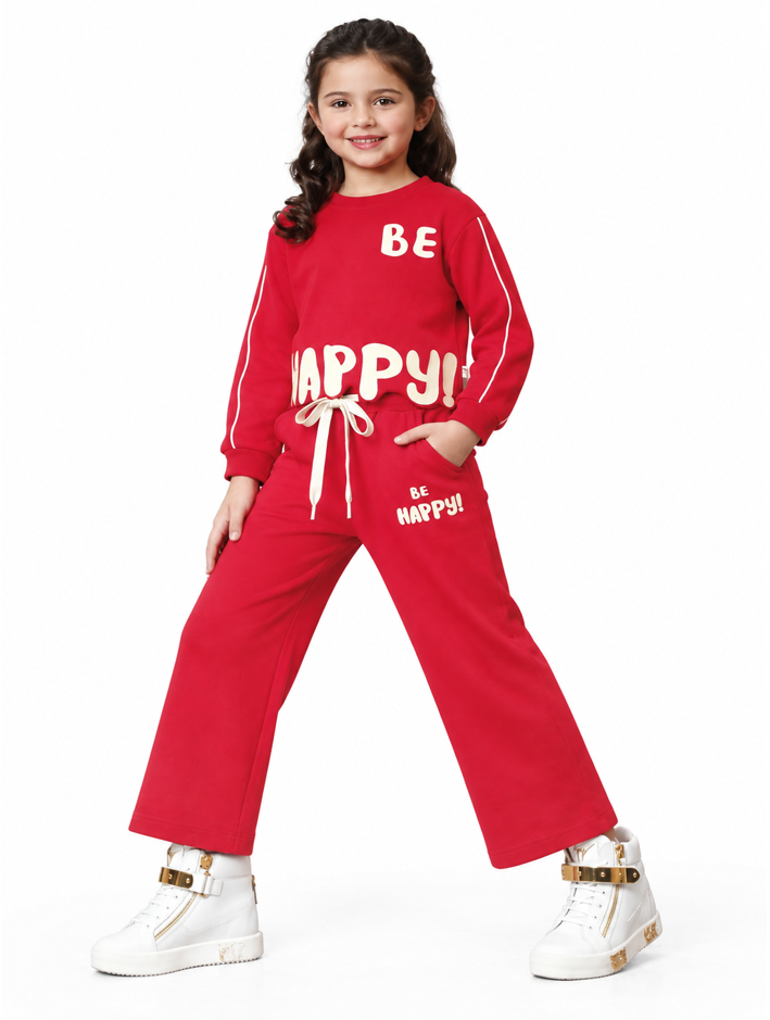 Girls Maroon Be Happy Sweatshirt and Wide-Leg Pants Set (Shoes Not Included)