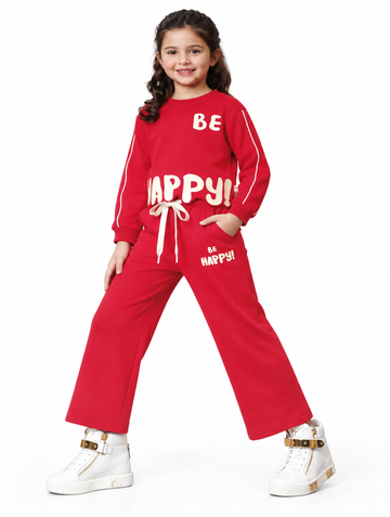 Girls Maroon Be Happy Sweatshirt and Wide-Leg Pants Set (Shoes Not Included)