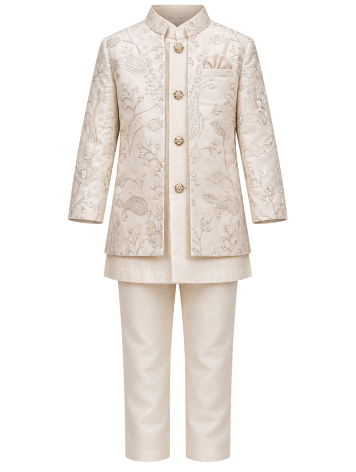 Boys Fawn Embroidered Jacket, Kurta and Trouser Set