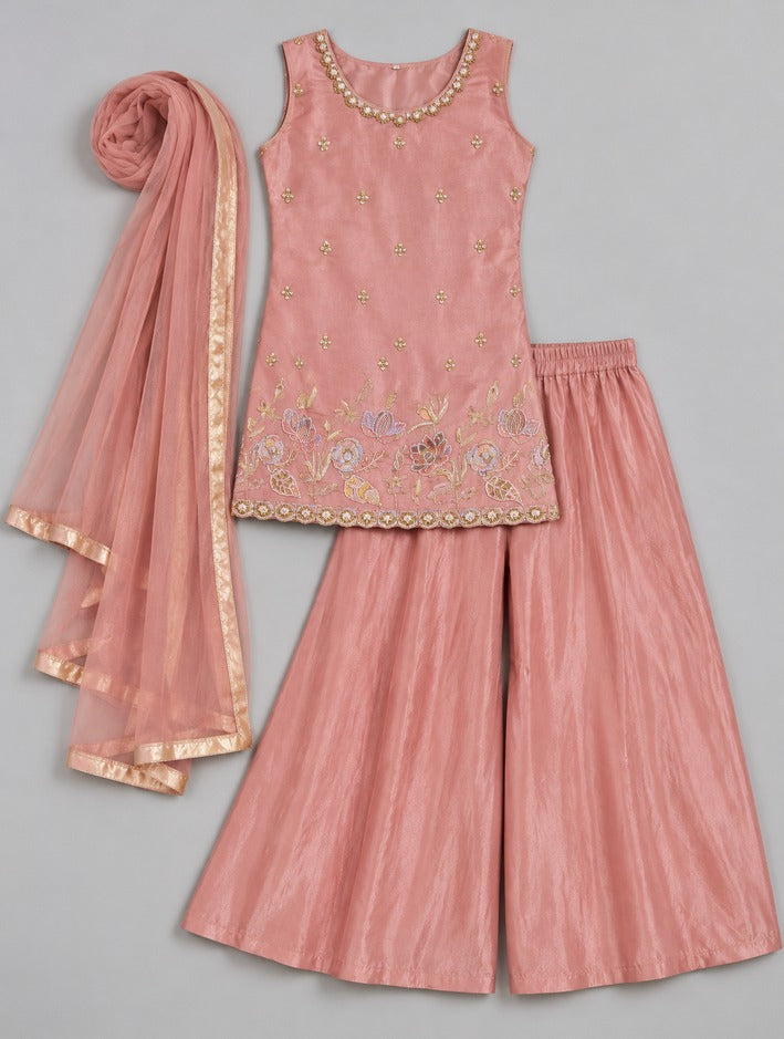 Girls Pink Embroidered Kurta Sharara Set
