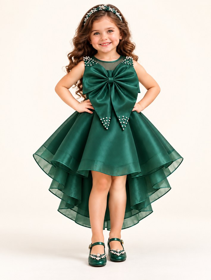 Girls Green Satin Party Frock with Big Bow