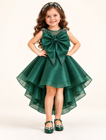 Girls Green Satin Party Frock with Big Bow