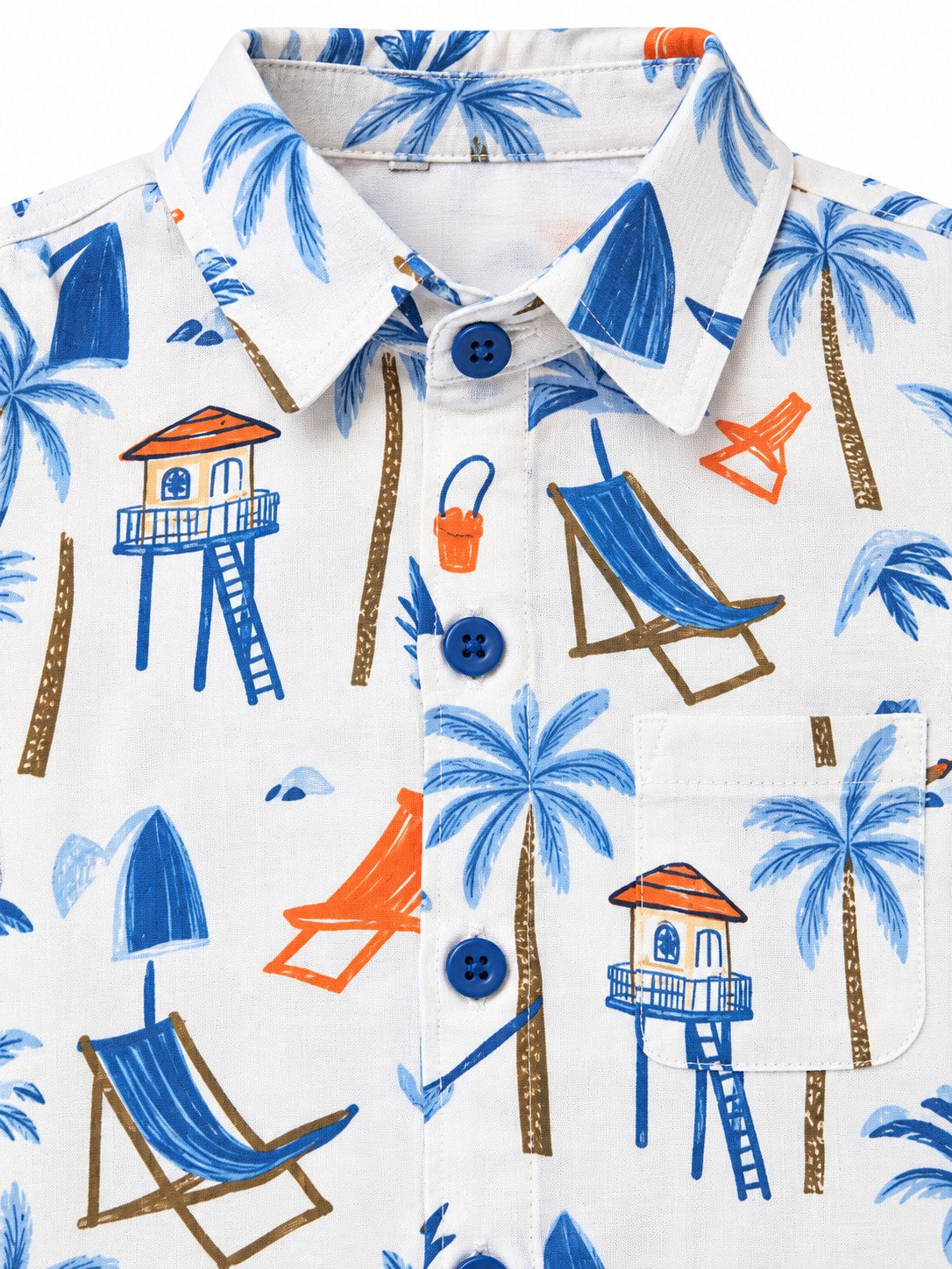 Boys Blue Beach Print Shirt, T-shirt, Bow Tie, Suspenders and Cargo Pants Set (Shoes Not Included)
