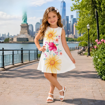 Cute 3D Floral Printed Sleeveless White Frock For Girls