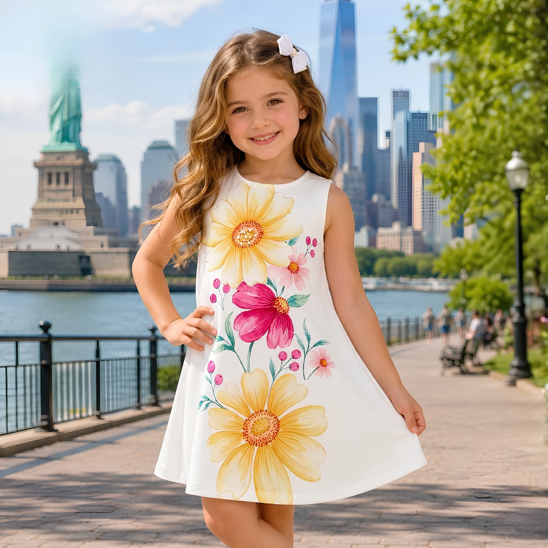 Cute 3D Floral Printed Sleeveless White Frock For Girls
