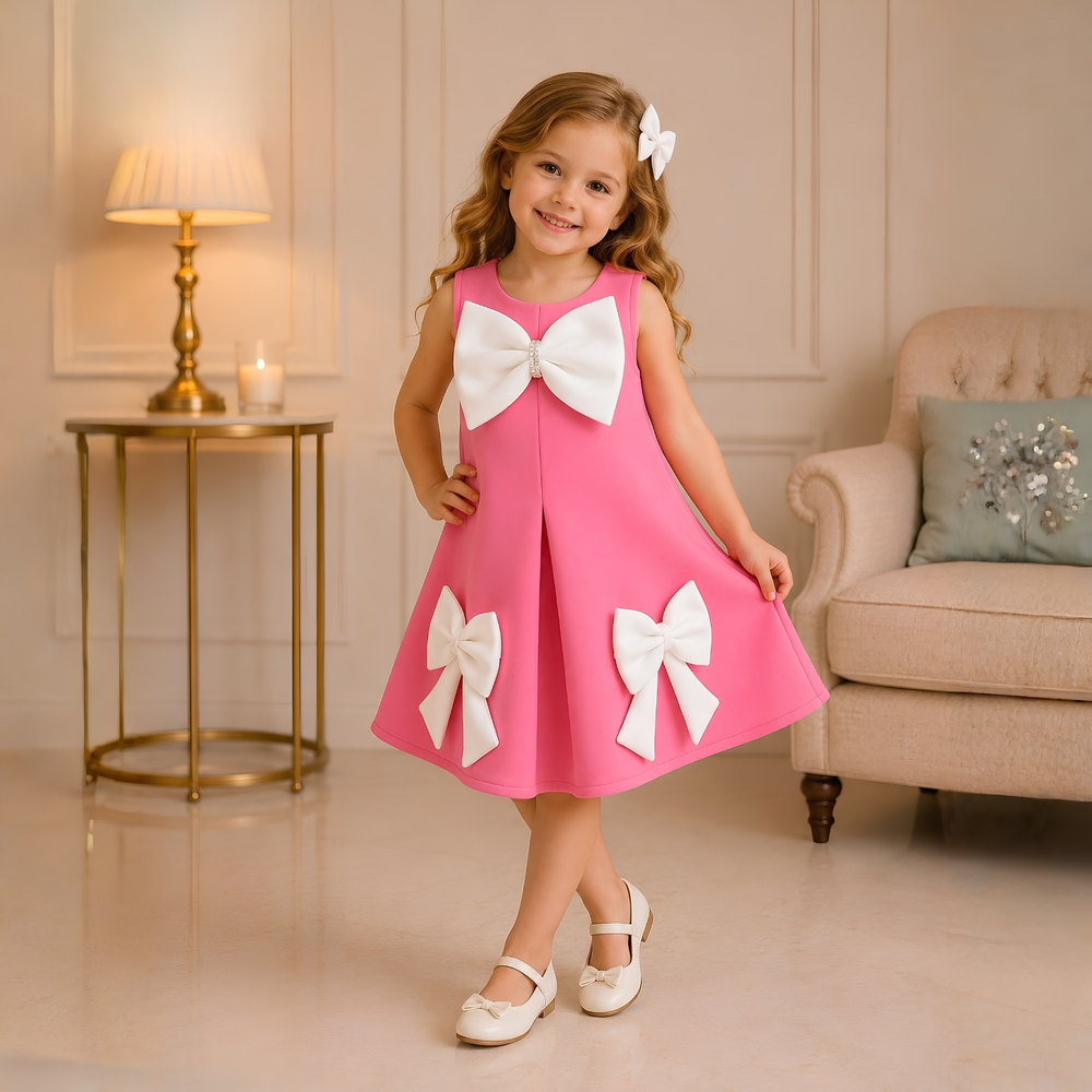 Rani Party Frock with White Bow Accents For Girls