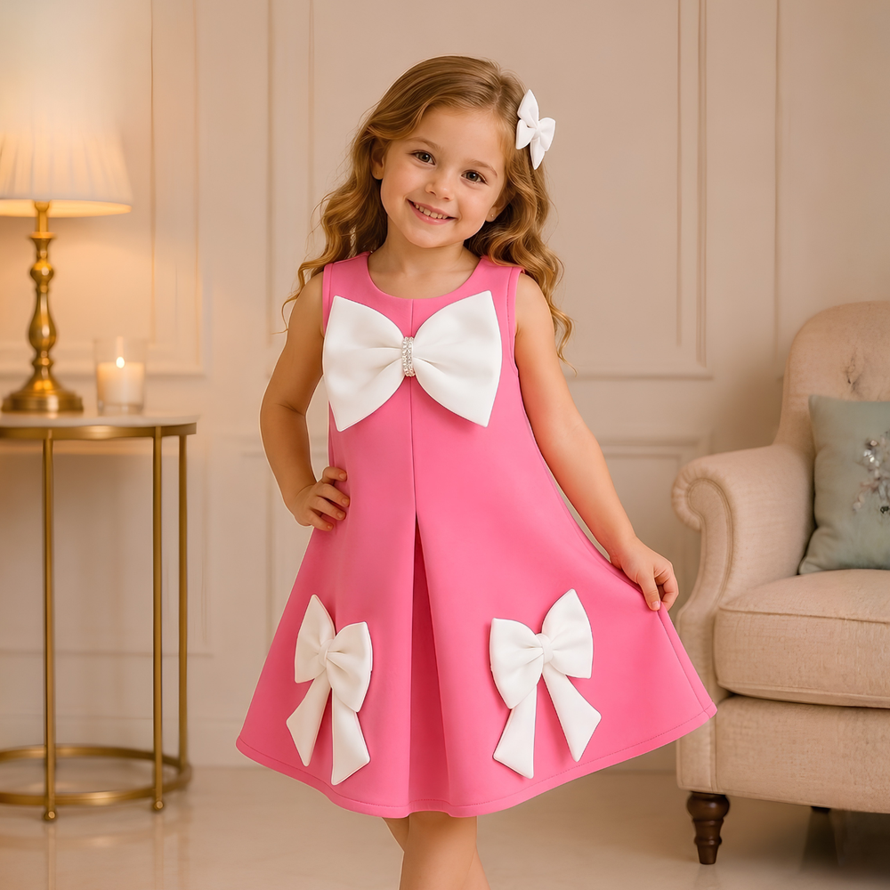 Rani Party Frock with White Bow Accents For Girls
