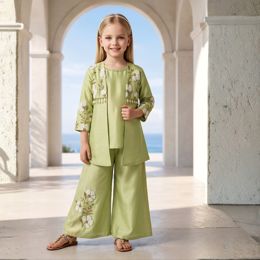 Girls Floral Embroidered Jacket And Palazzo Set