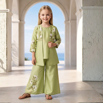 Girls Floral Embroidered Jacket And Palazzo Set