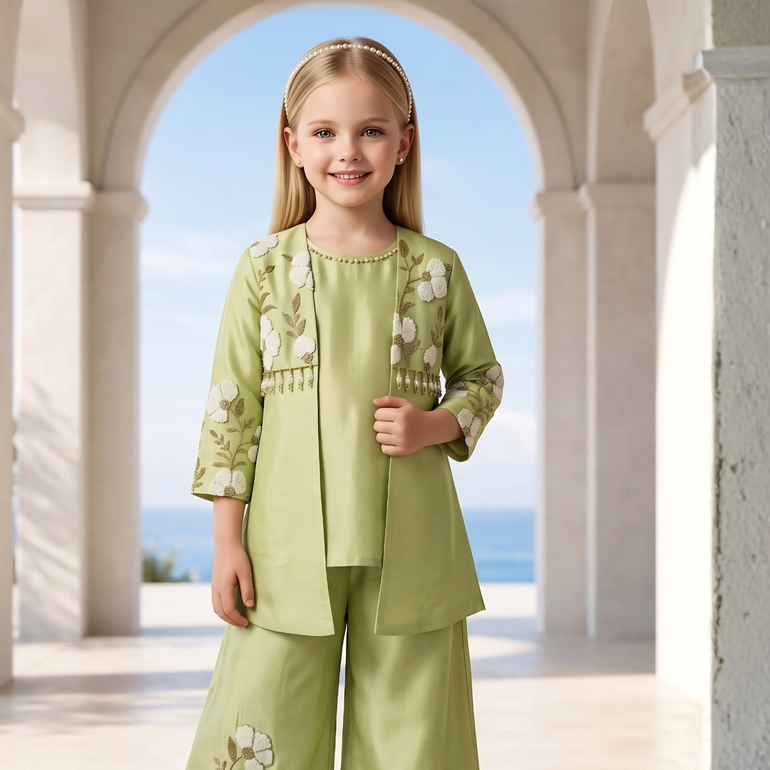 Girls Floral Embroidered Jacket And Palazzo Set