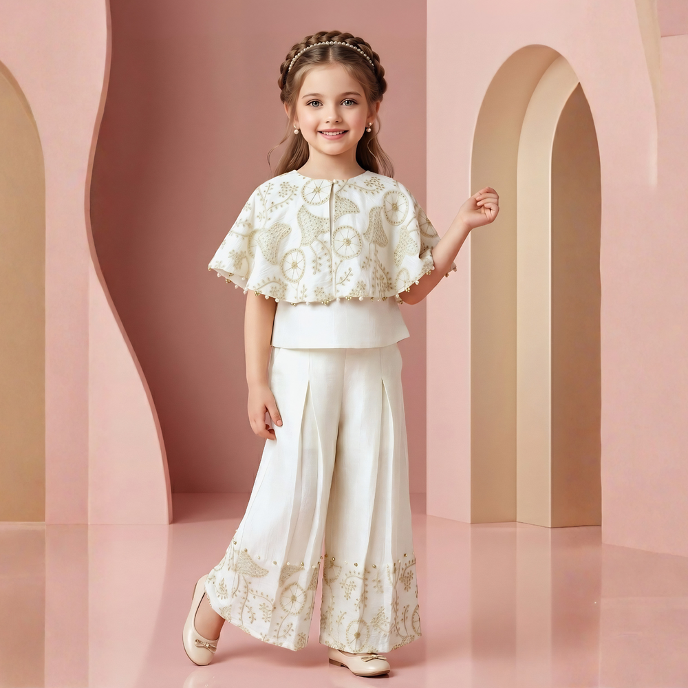 White Floral Embroidered Crop Top And Palazzo Set For Girls