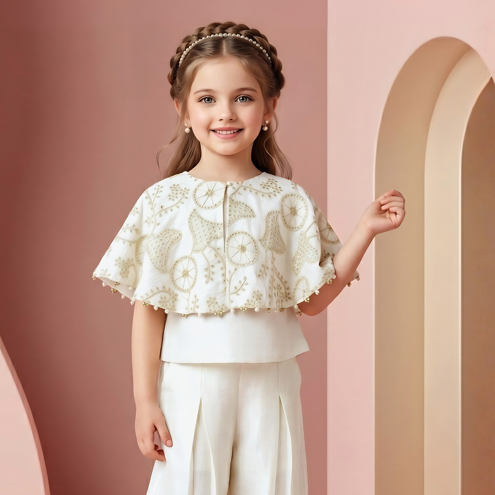 White Floral Embroidered Crop Top And Palazzo Set For Girls