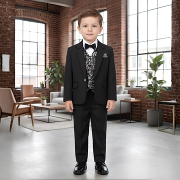 Boys Premium Black Suit Set with Printed Waistcoat and Bow Tie