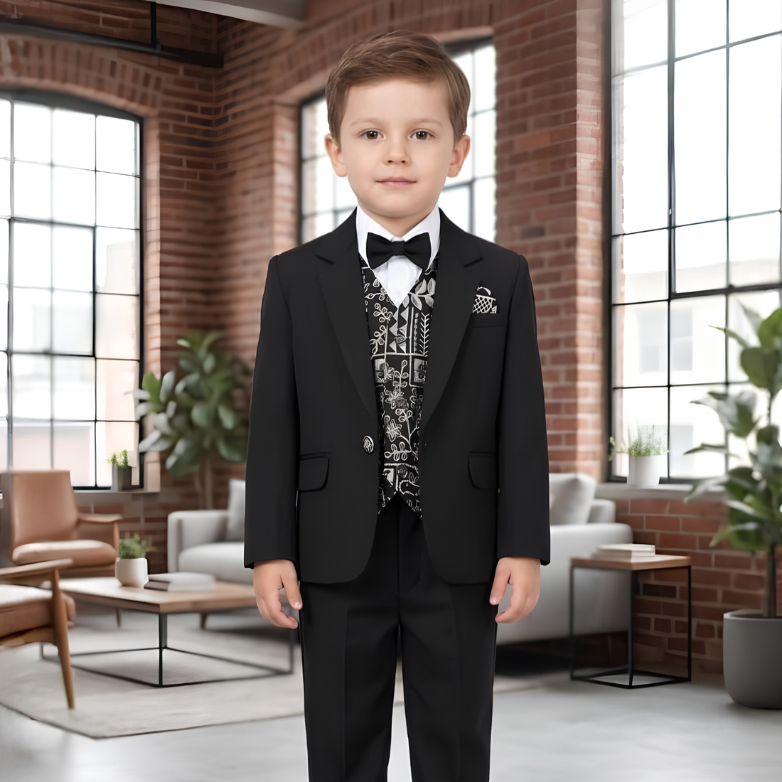 Boys Premium Black Suit Set with Printed Waistcoat and Bow Tie