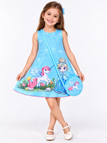 Girls Blue Unicorn Print Dress with Sling Bag