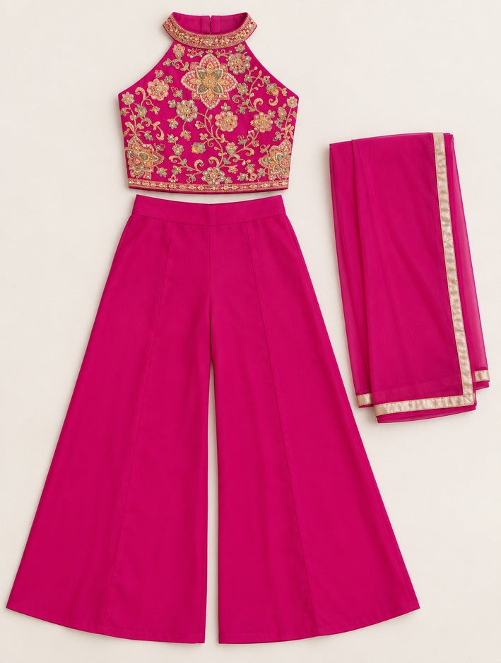 Girls Rani Designer Palazzo Suit With Halter Neck Crop Top