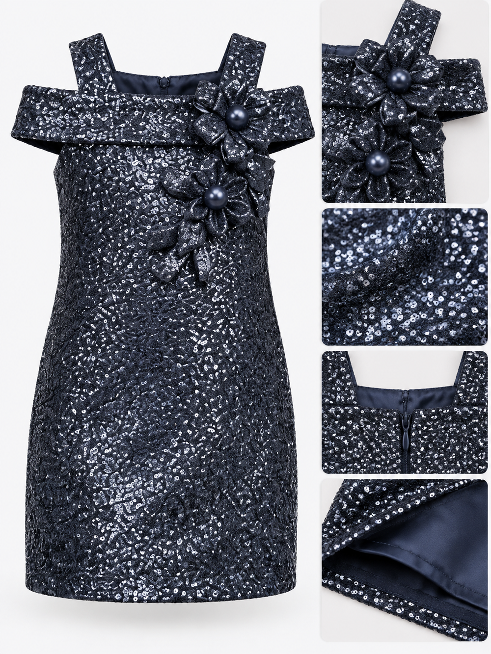 Girls Blue Shimmer Cold-Shoulder Dress with Floral Applique