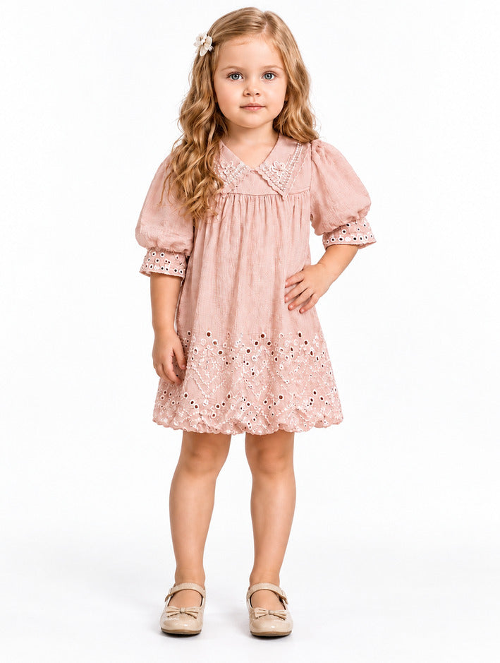Girls Peach Frock with Cutwork Hem and Puff Sleeves