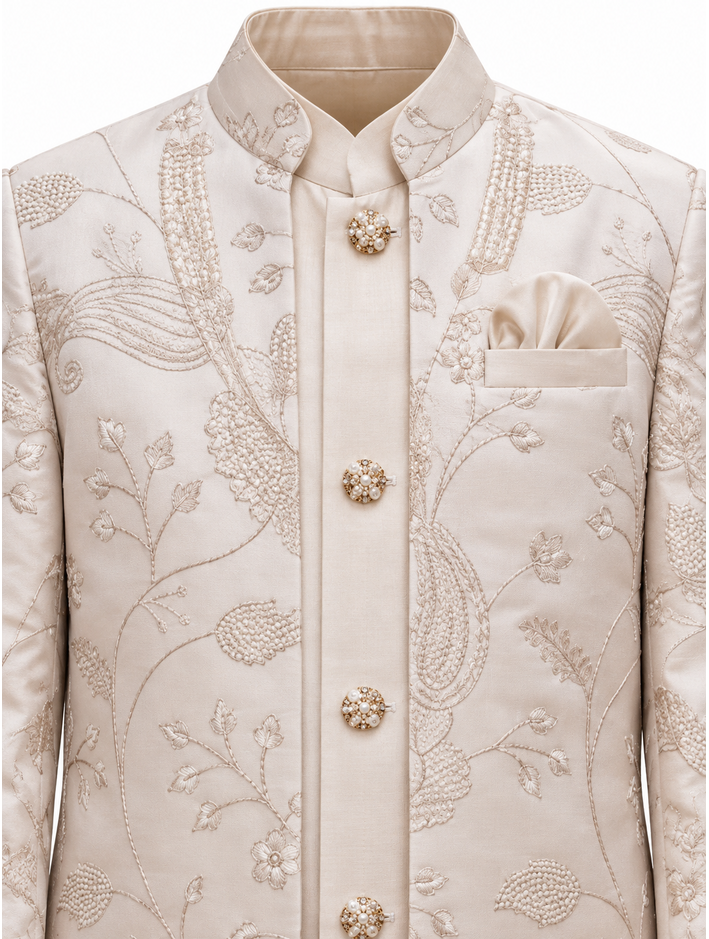 Boys Fawn Embroidered Jacket, Kurta and Trouser Set
